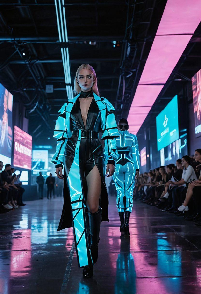 A futuristic fashion runway set in a sleek, modern city with models adorned in glowing, tech-infused garments and accessories. Holographic displays showcasing innovative designs hover around, with drones capturing the event. The scene is vibrant, filled with a blend of cutting-edge technology and high-fashion aesthetics. cyberpunk. vibrant colors. ultra-modern.