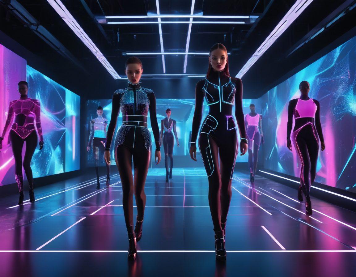 A futuristic fashion runway where models wear innovative tech-infused outfits, incorporating smart fabrics and augmented reality accessories. The background includes holographic displays showcasing real-time fashion trends. The setting is a blend of cutting-edge technology and high fashion, with vibrant neon lights and sleek, modern design elements. Highly detailed, super-realistic, vibrant colors.